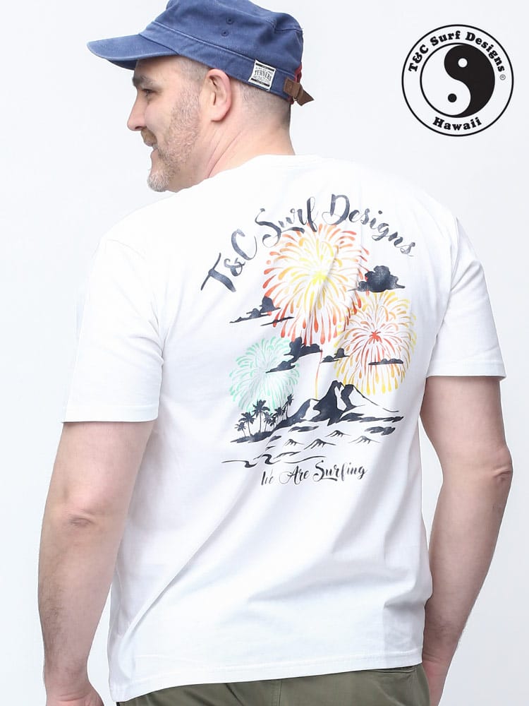 在庫処分 返品交換不可 大きいサイズ メンズ T＆C Surf Designs (ティーアンドシーサーフデザイン) 花火 バックプリント クルーネック 半袖 Tシャツ