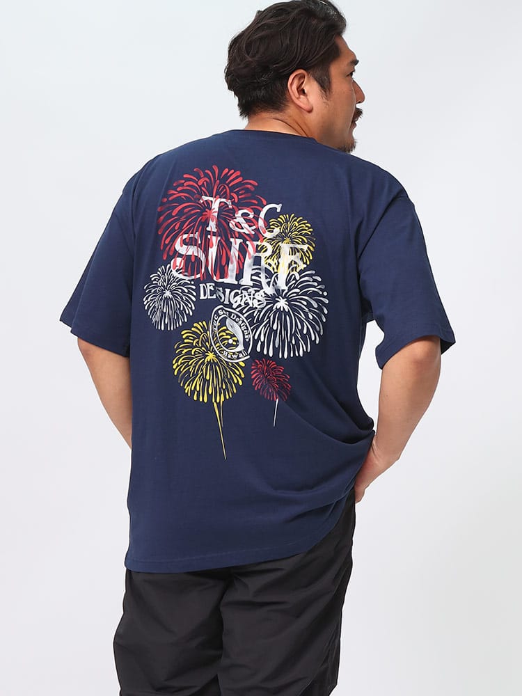 在庫処分 返品交換不可 半袖 Tシャツ 花火バックプリント クルーネック トップス コットン 大きいサイズ メンズ