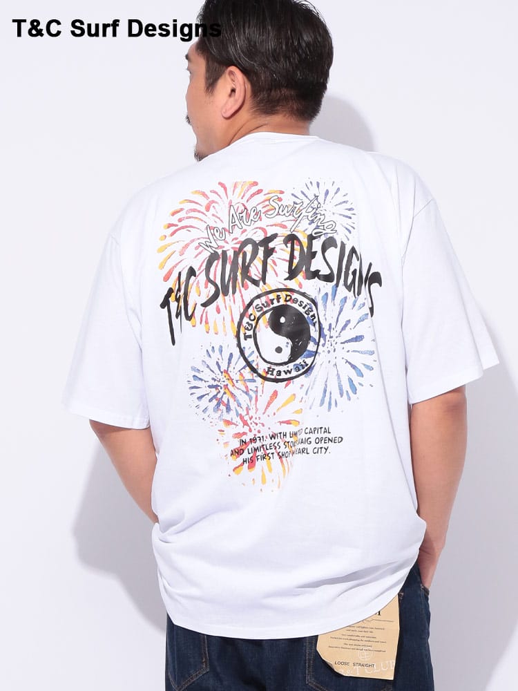 花火プリント クルーネック 半袖 Tシャツ 大きいサイズ メンズ