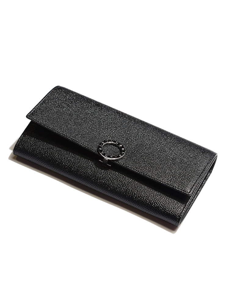 BVLGARI (ブルガリ) レザー ロゴ刻印リング フラップ 長財布 BLACK BLG30414