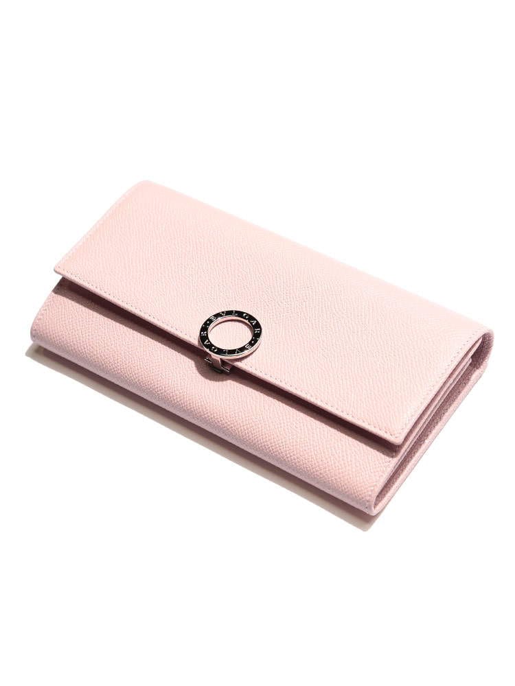 BVLGARI (ブルガリ) レザー ロゴ刻印リング フラップ 長財布 PINK BLG30415