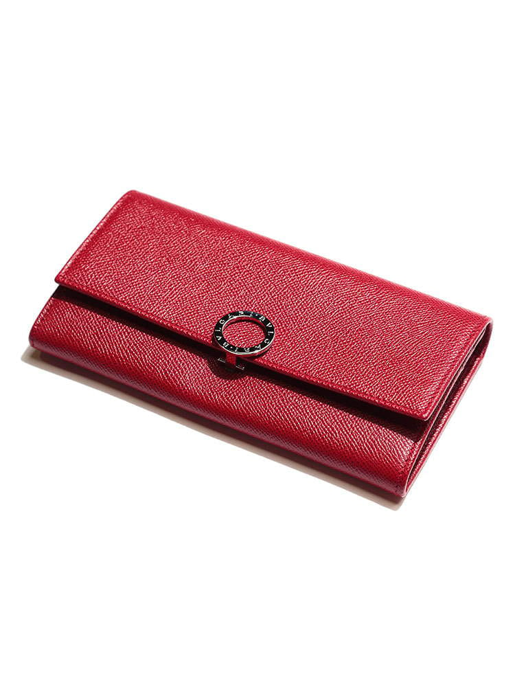 BVLGARI (ブルガリ) レザー ロゴ刻印リング フラップ 長財布 RED BLG33889 ブランド