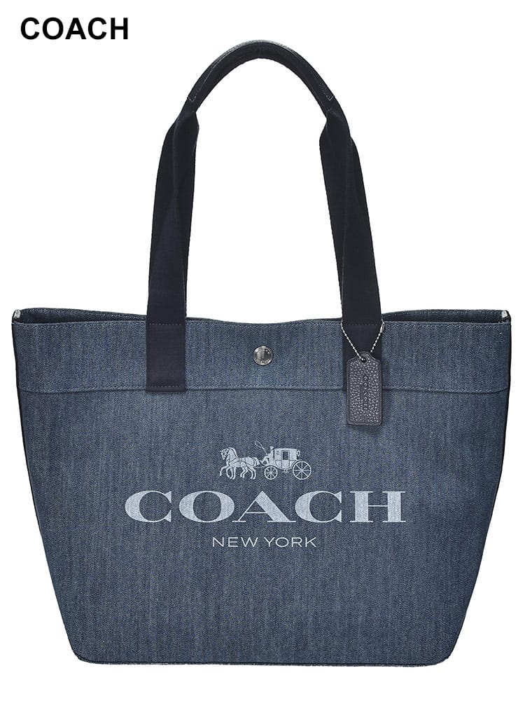 COACH (コーチ) デニム 花柄裏地 BIGロゴ チャーム付き ラージトートバッグ レディース