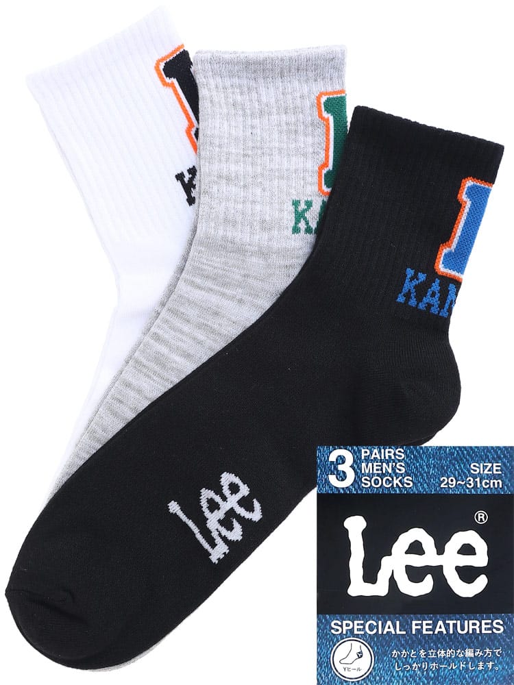 大きいサイズ メンズ Lee (リー) Yヒール リブ クルーソックス 3足セット