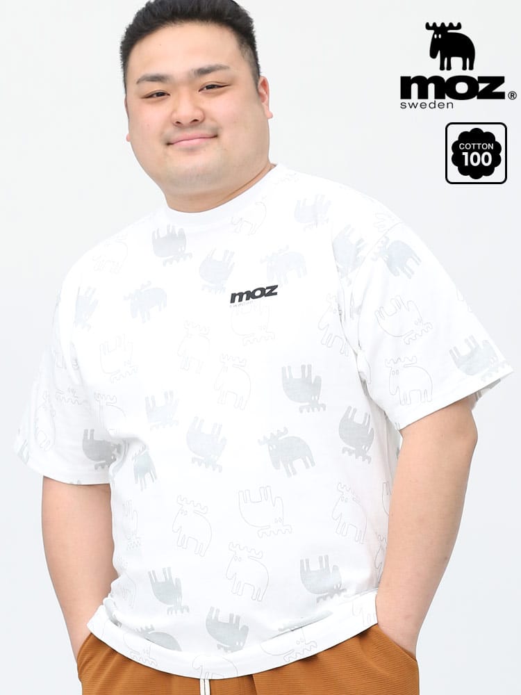 大きいサイズ メンズ moz (モズ) ヘラジカ総柄プリント クルーネック 半袖 Tシャツ