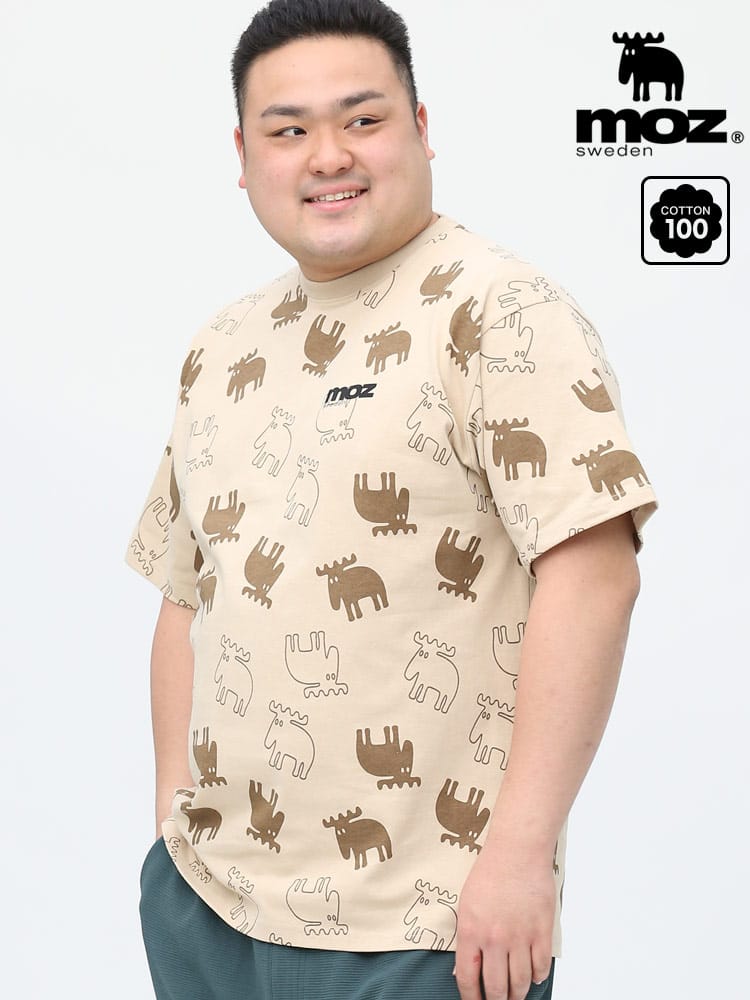 大きいサイズ メンズ moz (モズ) ヘラジカ総柄プリント クルーネック 半袖 Tシャツ