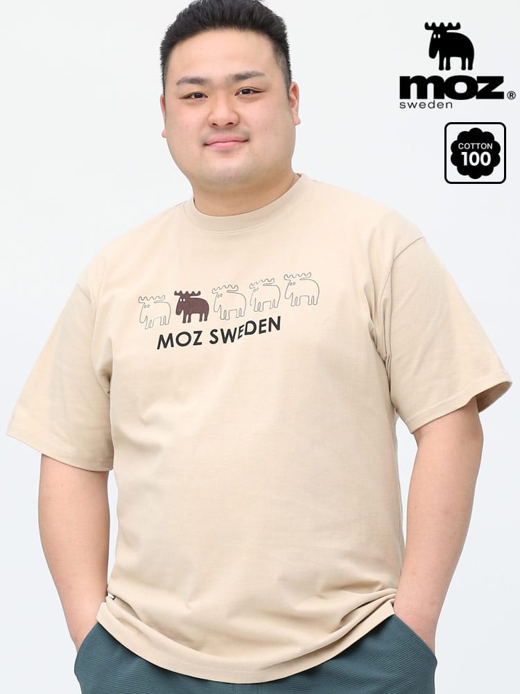 大きいサイズ メンズ moz (モズ) ヘラジカ 並びプリント クルーネック 半袖 Tシャツ