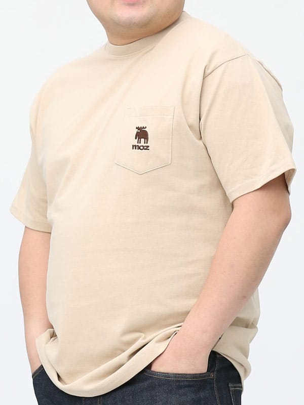 大きいサイズ メンズ moz (モズ) ヘラジカ刺繍 ポケット付き クルーネック 半袖 Tシャツ