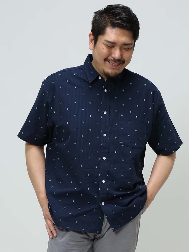 大きいサイズ メンズ B＆T CLUB (ビーアンドティークラブ) 麻混 マリン総柄 半袖 シャツ