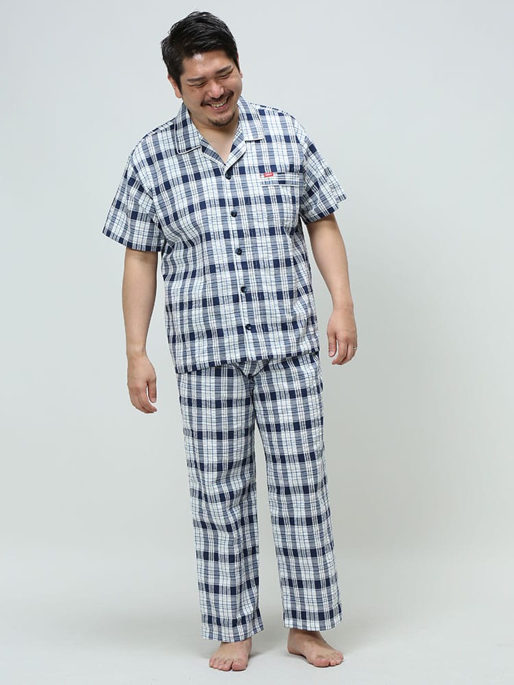 大きいサイズ メンズ EDWIN (エドウィン) 綿100％ サッカー地 チェック柄 半袖 パンツ パジャマ 部屋着 上下セット
