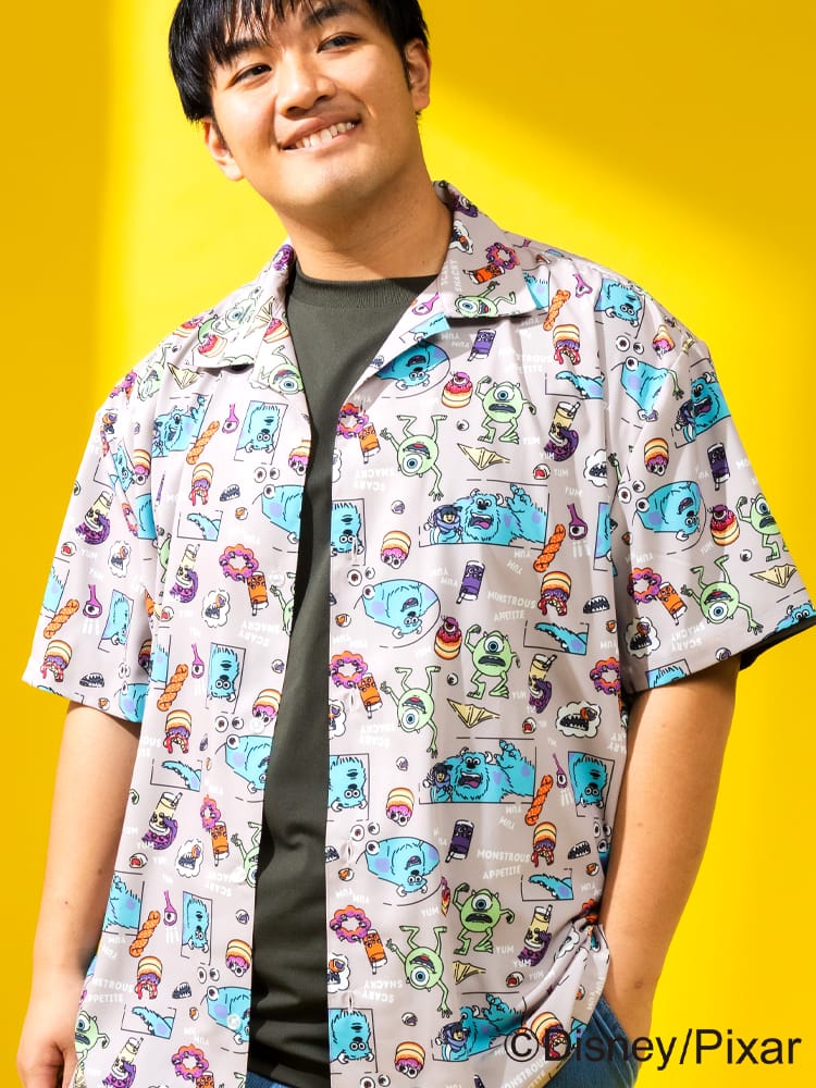 ディズニー シャツ 半袖 メンズ 大きいサイズ 『モンスターズ・インク』 デザインシャツ ピクサー キャラクター 総柄 オープンカラー アロハシャツ サカゼン80周年記念 オリジナルデザイン
