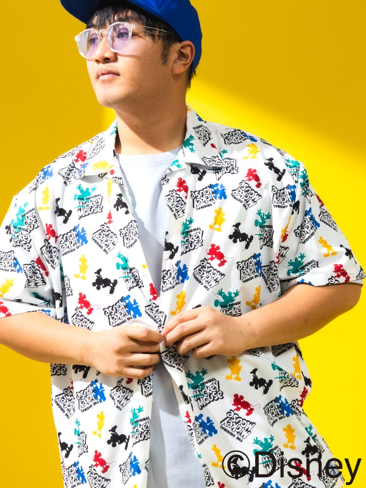 ディズニー シャツ 半袖 メンズ 大きいサイズ 『ミッキー』 デザインシャツ 総柄 ロゴプリント オープンカラー アロハシャツ サカゼン80周年記念 オリジナルデザイン