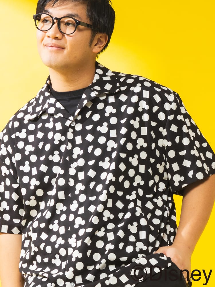 ディズニー シャツ 半袖 メンズ 大きいサイズ 『ミッキー』 デザインシャツ アイコン 総柄 オープンカラー アロハシャツ サカゼン80周年記念 オリジナルデザイン