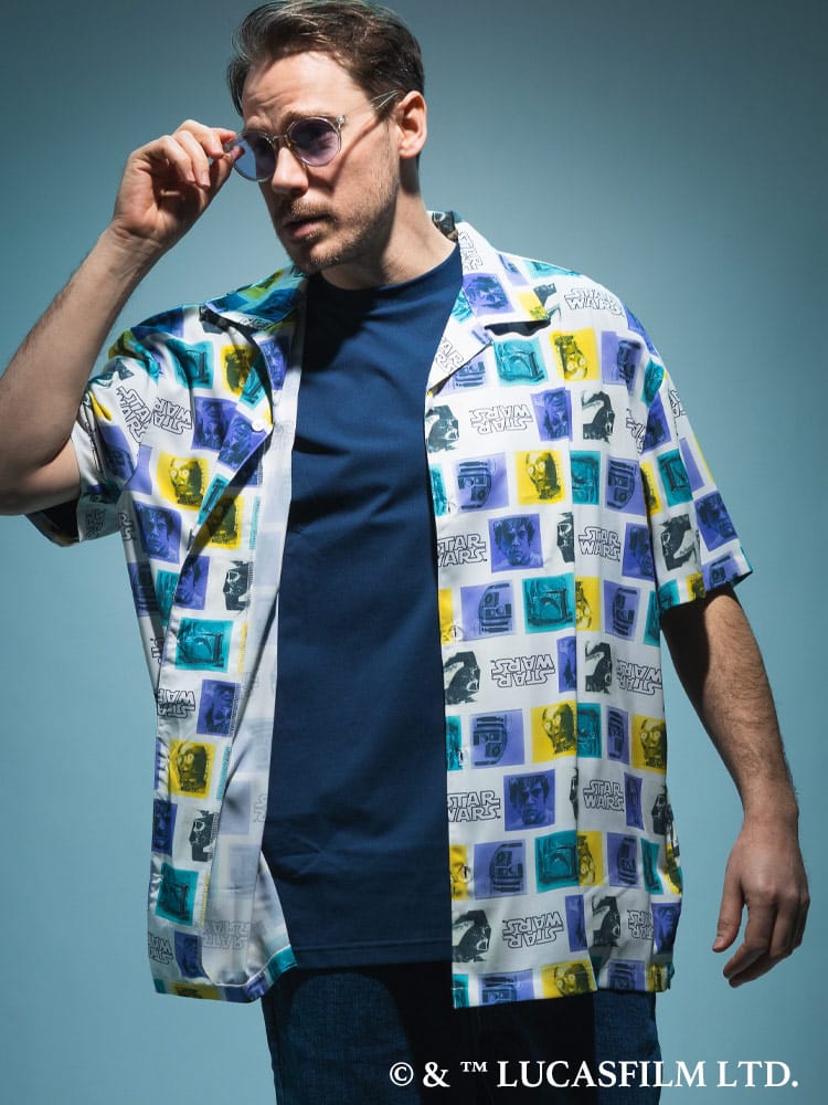 『STAR WARS/スター・ウォーズ』シャツ 半袖 メンズ 大きいサイズ「ルーク・スカイウォーカー」「ダース・ベイダー」「C-3PO」デザインシャツ 総柄 / サカゼン80周年記念 オリジナルデザイン