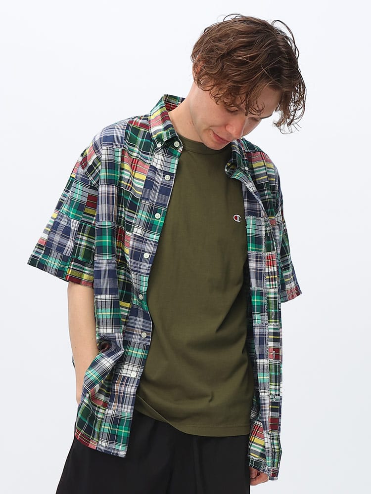 JEMORGAN LONG JOHNS (ジェーイーモーガンロングジョーンズ) クレイジーチェック パッチワーク ボタンダウン 半袖 シャツ JE28123E