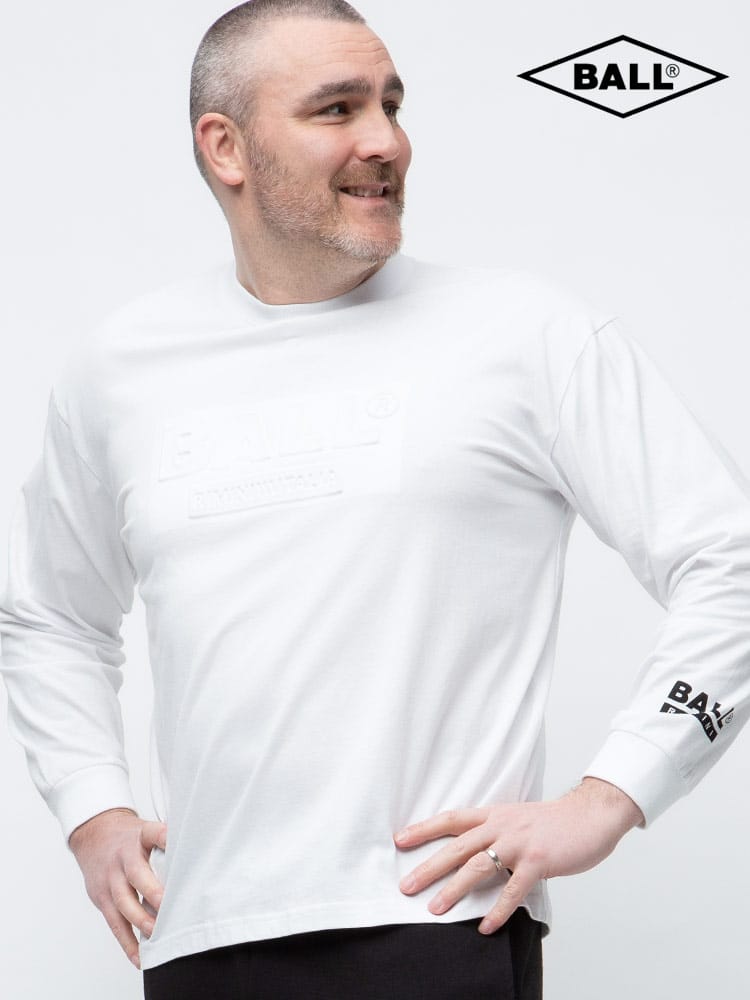 大きいサイズ メンズ BALL (ボール) エンボスプリント クルーネック 長袖 Tシャツ ロンT