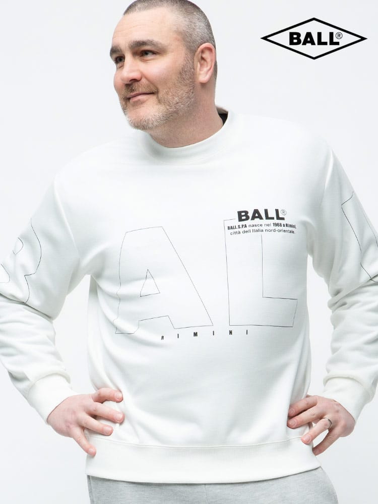大きいサイズ メンズ BALL (ボール) ダンボール ロゴプリント クルーネック トレーナー