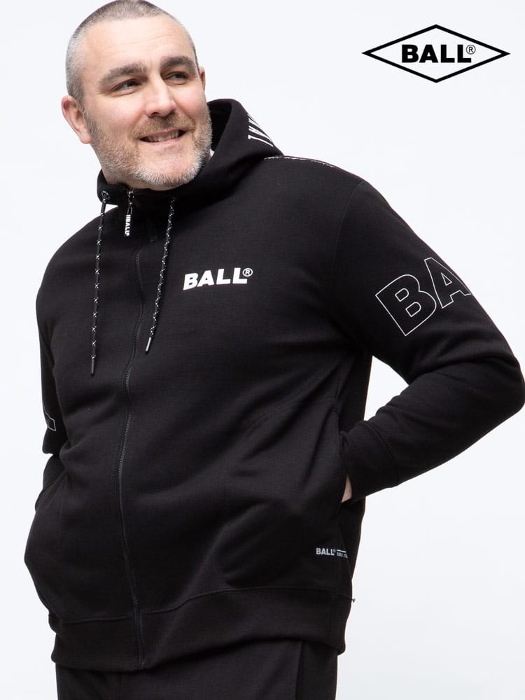 大きいサイズ メンズ BALL (ボール) ダンボール ロゴプリント フード フルジップ パーカー