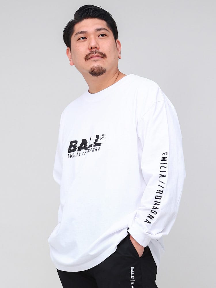大きいサイズ メンズ BALL (ボール) ロゴプリント クルーネック 長袖 Tシャツ