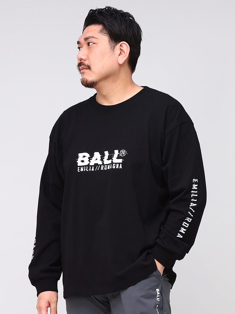 大きいサイズ メンズ BALL (ボール) ロゴプリント クルーネック 長袖 Tシャツ