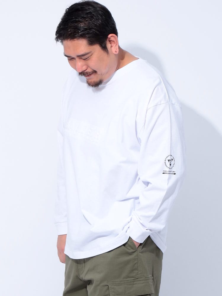 長袖 Tシャツ エンボスプリント クルーネック トップス ロンT プリント コットン 大きいサイズ メンズ
