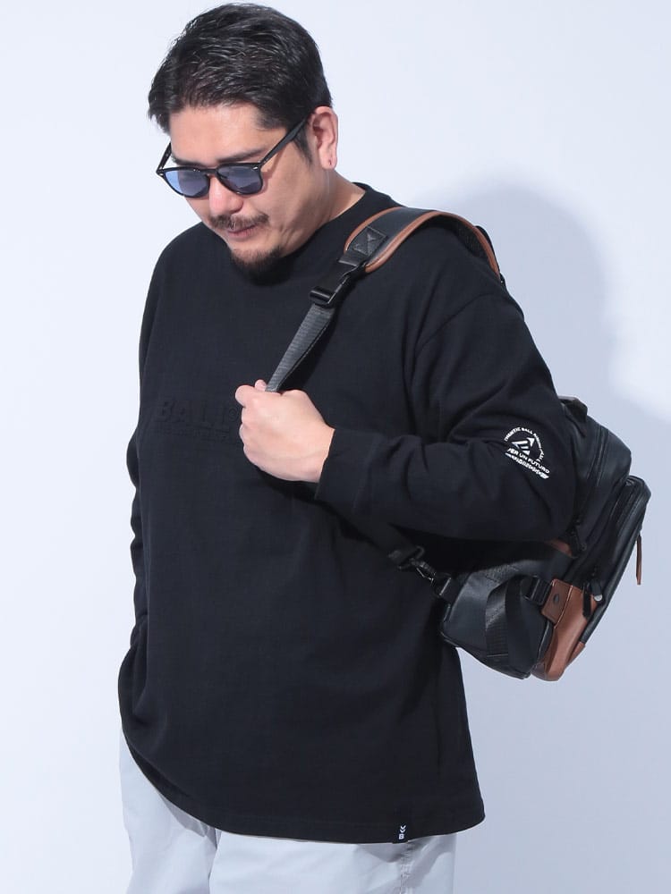 長袖 Tシャツ エンボスプリント クルーネック トップス ロンT プリント コットン 大きいサイズ メンズ