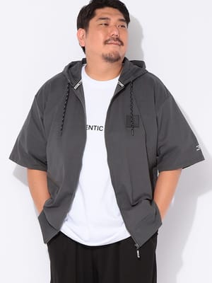 パーカー 半袖 メンズ 大きいサイズ 冷感 スラブストレッチ 天竺ラバーワッペン ジップアップ Tパーカー トップス ジップパーカー 羽織 フード 冷たい 伸びる 春 夏