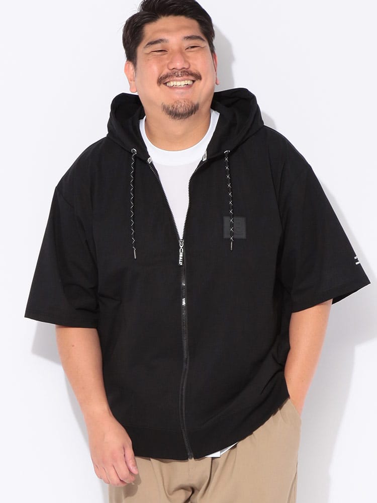 パーカー 半袖 メンズ 大きいサイズ 冷感 スラブストレッチ 天竺ラバーワッペン ジップアップ Tパーカー トップス ジップパーカー 羽織 フード 冷たい 伸びる 春 夏
