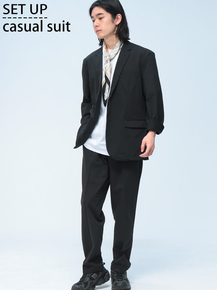 URBAN SQUARE (アーバンスクエア) カジュアルスーツ セットアップ 通気冷涼 ストレッチ ジャケット ロングパンツ 無地 メッシュ テーラードジャケット スラックス 上下セット 