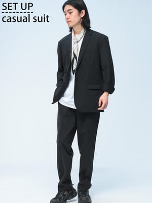 URBAN SQUARE (アーバンスクエア) カジュアルスーツ セットアップ 通気冷涼 ストレッチ ジャケット ロングパンツ 無地 メッシュ テーラードジャケット スラックス 上下セット 