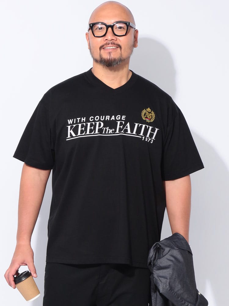 【WEB限定価格】半袖 Tシャツ 刺繍＆プリント Vネック トップス ゆったり 春 夏 大きいサイズ メンズ