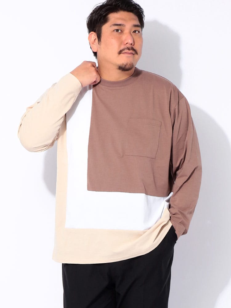 長袖 Tシャツ SOLOTEX＆カルキュロ クレイジー切替 クルーネック トップス ロンT 吸汗速乾 ドライ 大きいサイズ メンズ