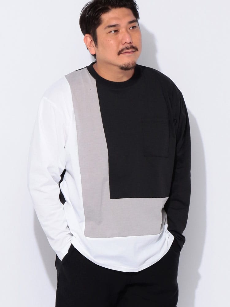 長袖 Tシャツ SOLOTEX＆カルキュロ クレイジー切替 クルーネック トップス ロンT 吸汗速乾 ドライ 大きいサイズ メンズ