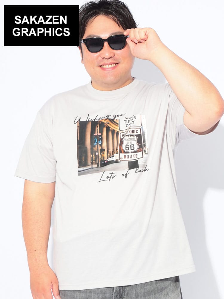Tシャツ 半袖 メンズ 大きいサイズ ROUTE66フォトプリント クルーネック カットソー トップス コットン クルー プリント 柄 春 夏