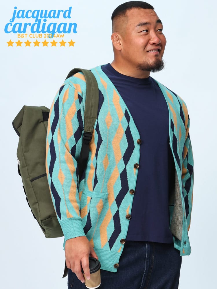 在庫処分 返品交換不可 ニットカーディガン 総柄 ジャガード Vネック アウター レトロ 大きいサイズ メンズ