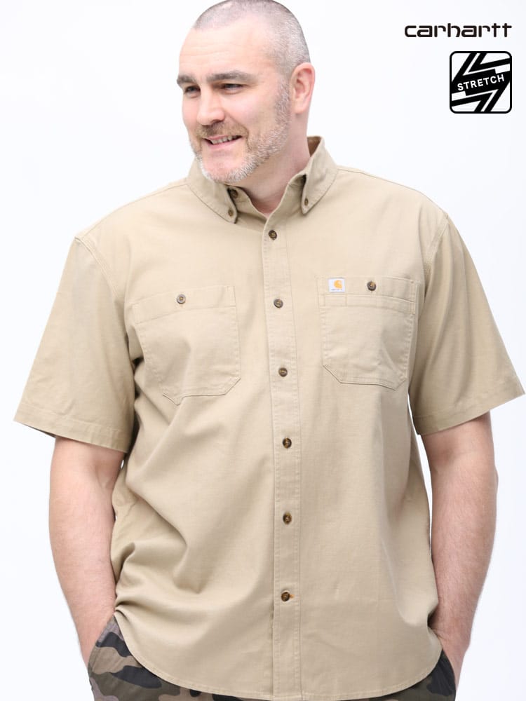 大きいサイズ メンズ Carhartt (カーハート) ストレッチ 無地 ボタンダウン ポケット 半袖 シャツ