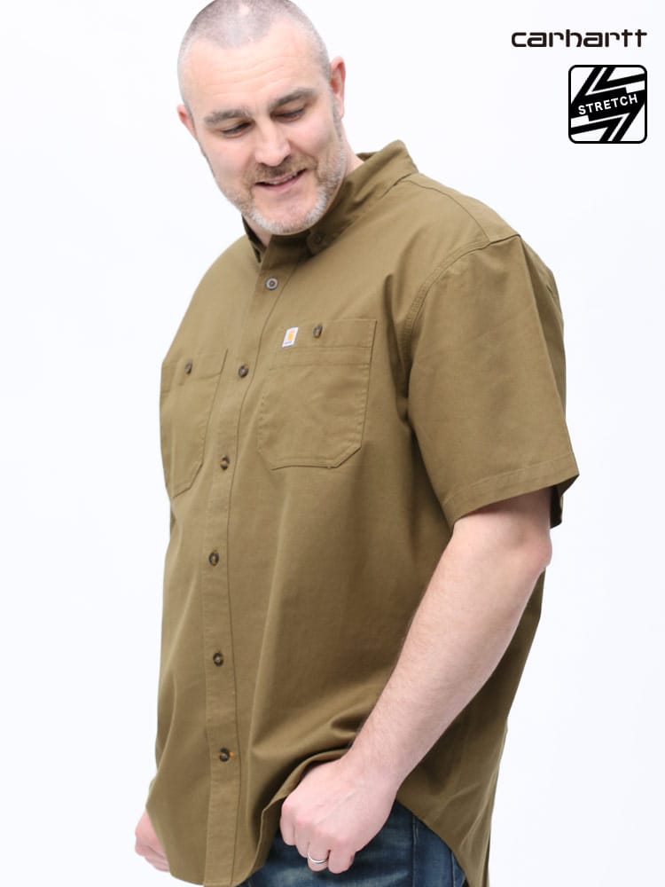 大きいサイズ メンズ Carhartt (カーハート) ストレッチ 無地 ボタンダウン ポケット 半袖 シャツ
