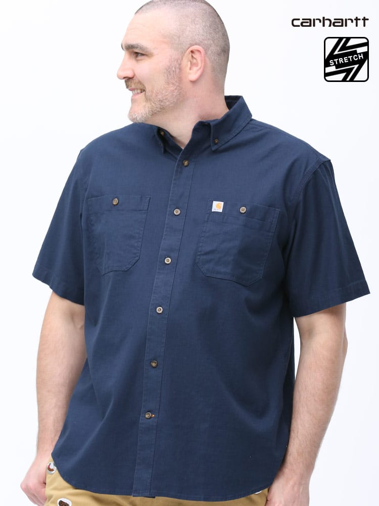 大きいサイズ メンズ Carhartt (カーハート) ストレッチ 無地 ボタンダウン ポケット 半袖 シャツ