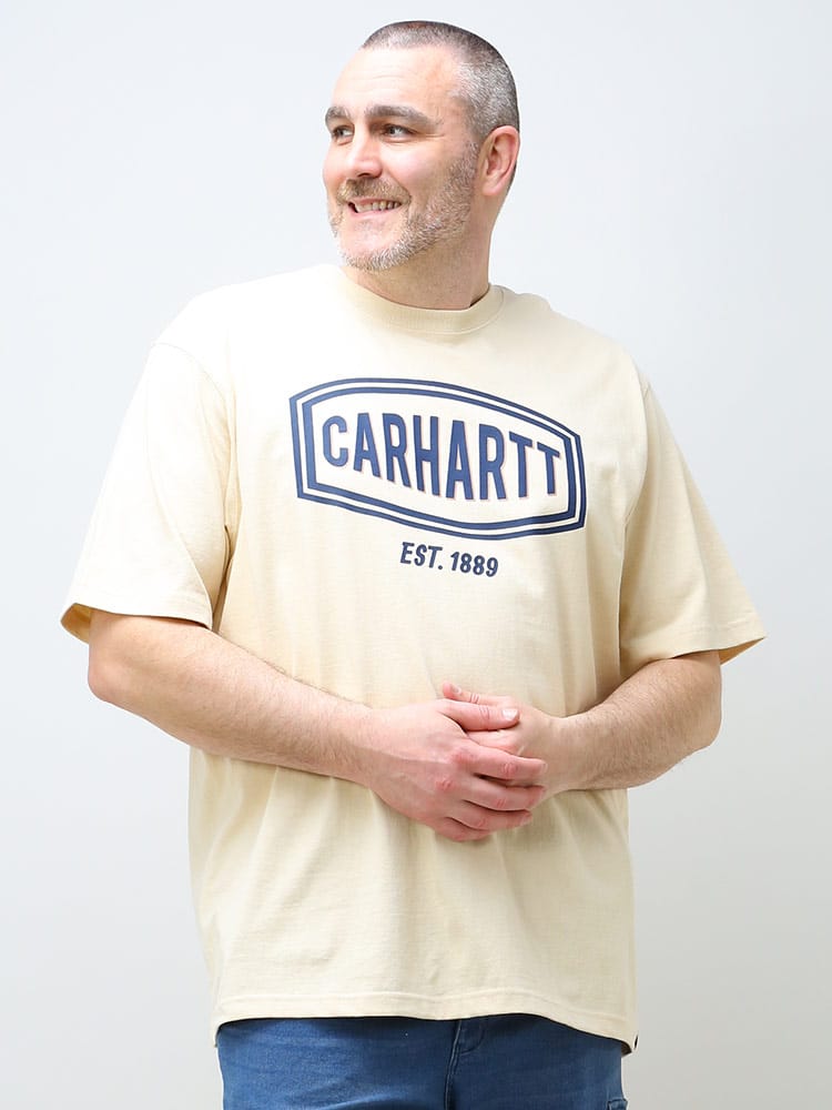 大きいサイズ メンズ Carhartt (カーハート) ロゴプリント クルーネック 半袖 Tシャツ Loose Fit Heavyweight LOGO T
