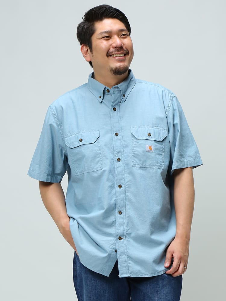 大きいサイズ メンズ Carhartt (カーハート) コットン ポケット ボタンダウン 半袖 シャツ Loose Fit Chambray SH