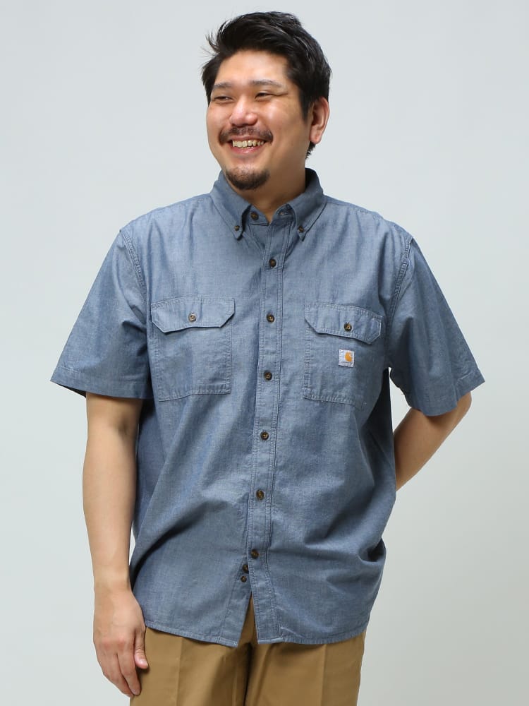 大きいサイズ メンズ Carhartt (カーハート) コットン ポケット ボタンダウン 半袖 シャツ Loose Fit Chambray SH