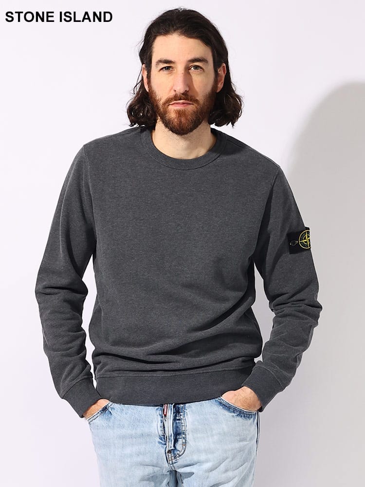 STONE ISLAND (ストーンアイランド) 裏起毛 ロゴワッペン リブ クルーネック  トレーナー スウェット メンズ