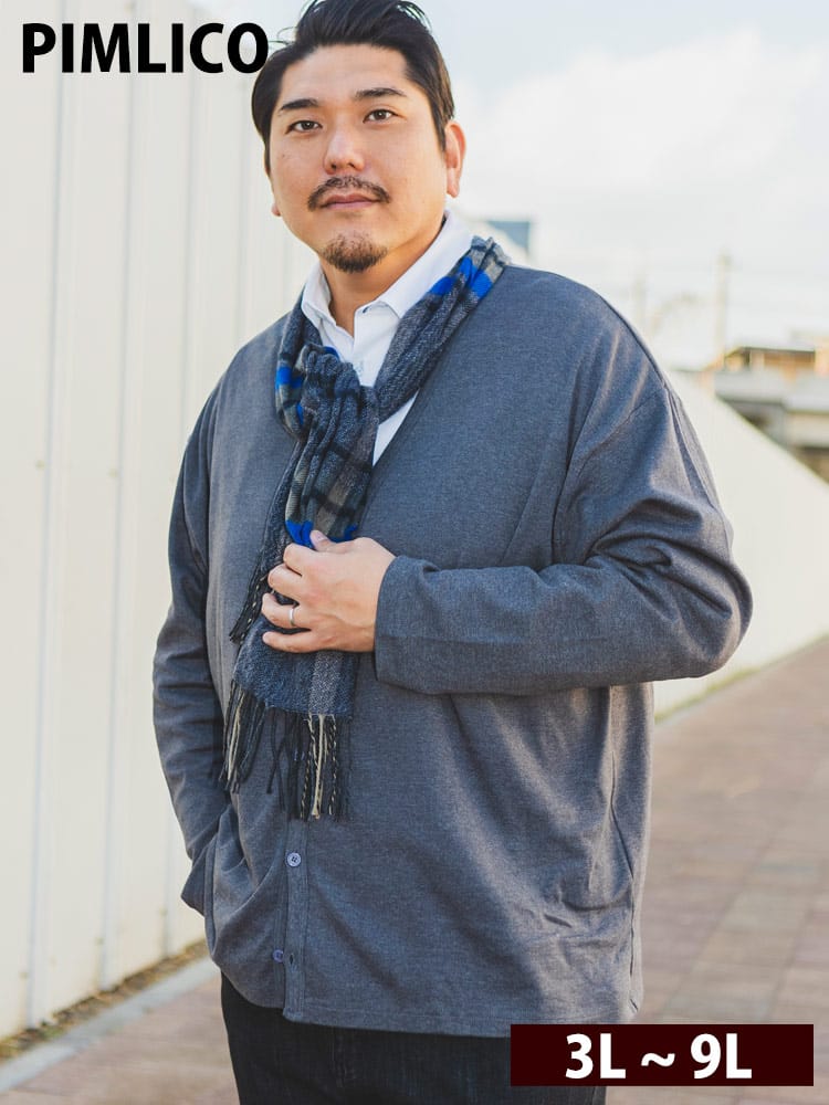 EC限定商品 大きいサイズ メンズ PIMLICO 軽量 フライス カーディガン 無地 Vネック 長袖 ピムリコ