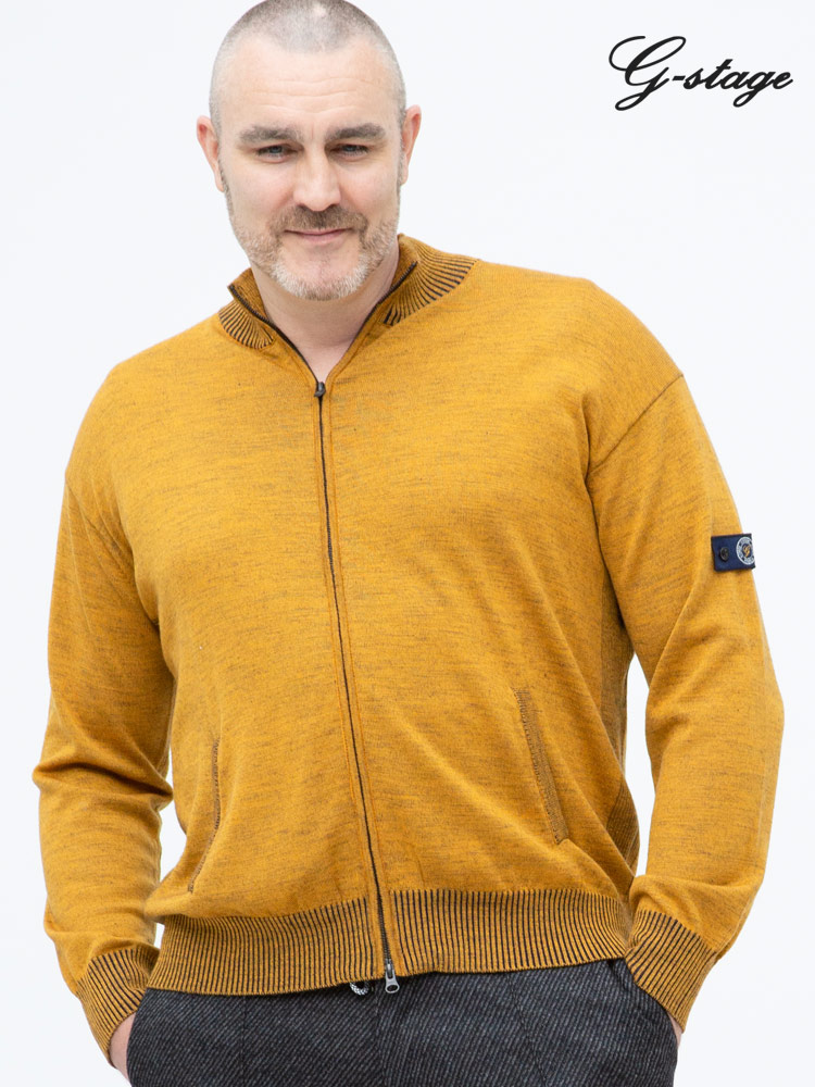 イエロー 3Lのみ 大きいサイズ メンズ G-STAGE (ジーステージ) ウール100％ 二重臼 フルジップ 長袖 セーター