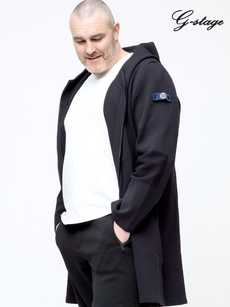 大きいサイズ メンズ G-STAGE (ジーステージ) フード フルジップ ニット ロングコート