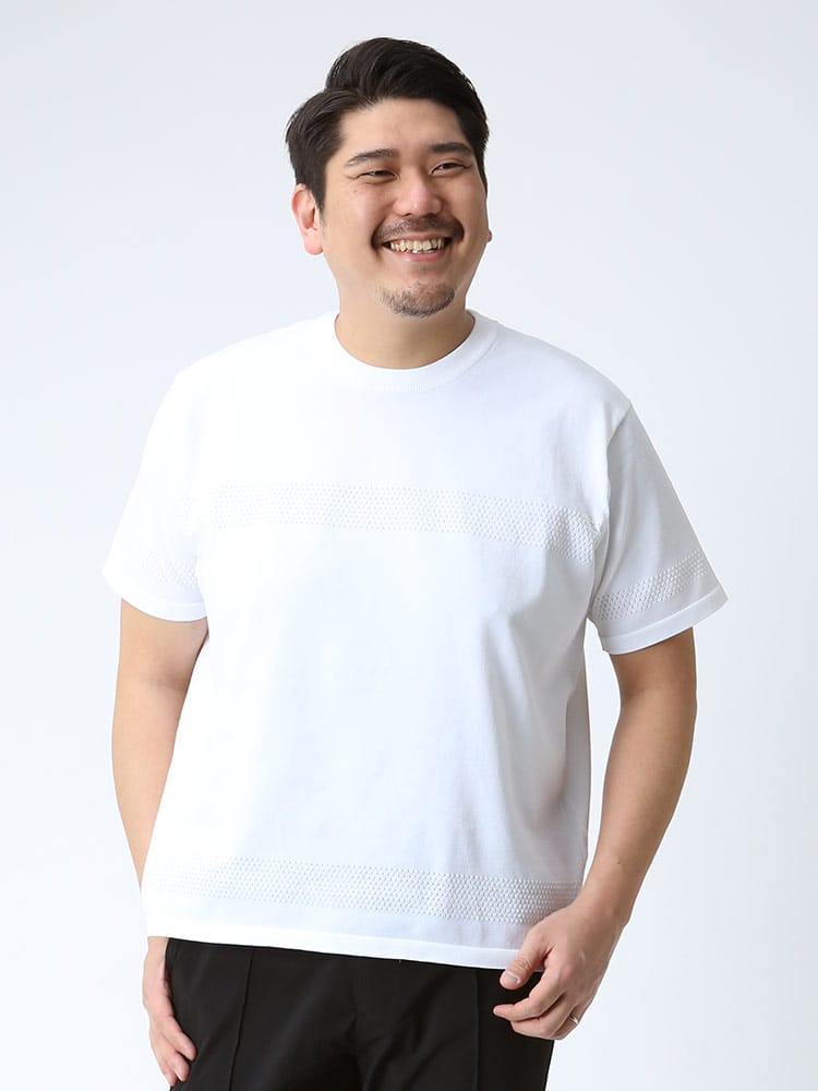 大きいサイズ メンズ G-STAGE (ジーステージ) 天竺 メッシュ クルーネック 半袖 ニット Tシャツ