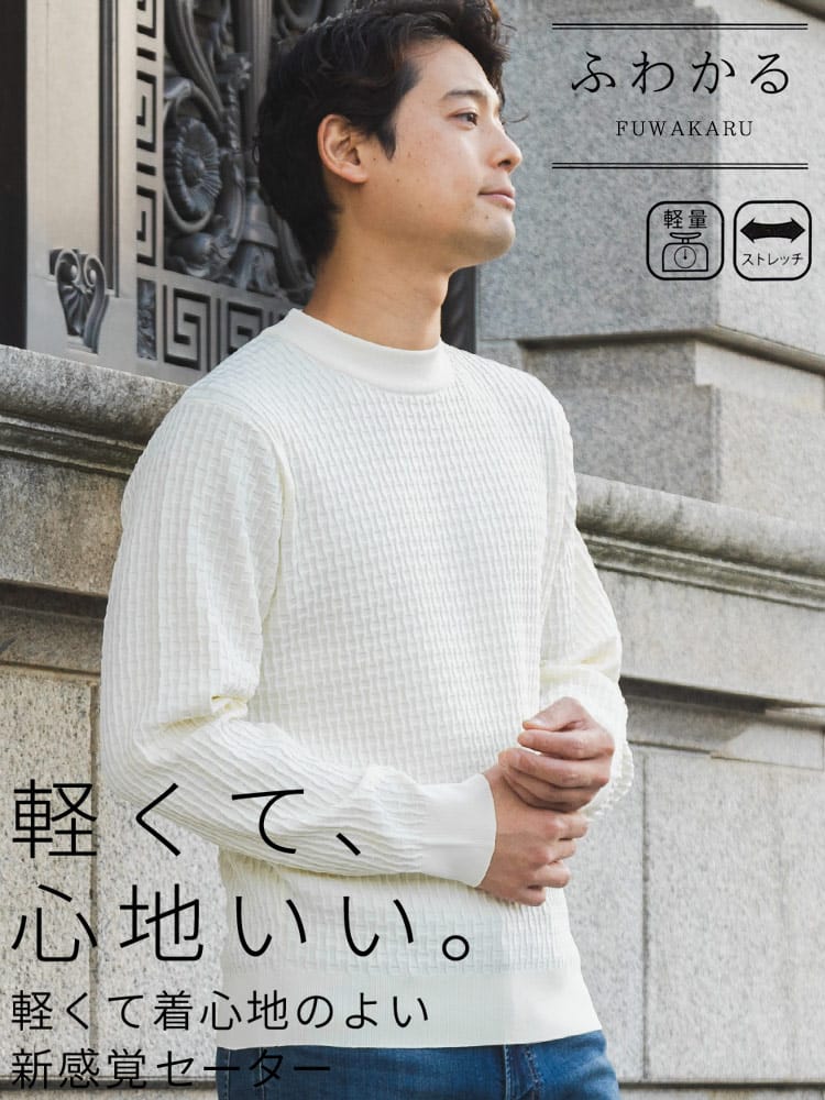 セーター メンズ ビジネス 紳士 ふわかる ストレッチ クルーネック ブリスターニット トップス シンプル