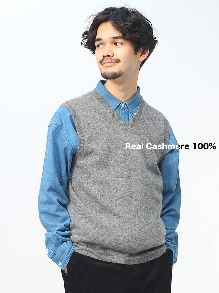 DESHENG (デシェン) カシミヤ100％ 12G 無地 Vネック ベスト
