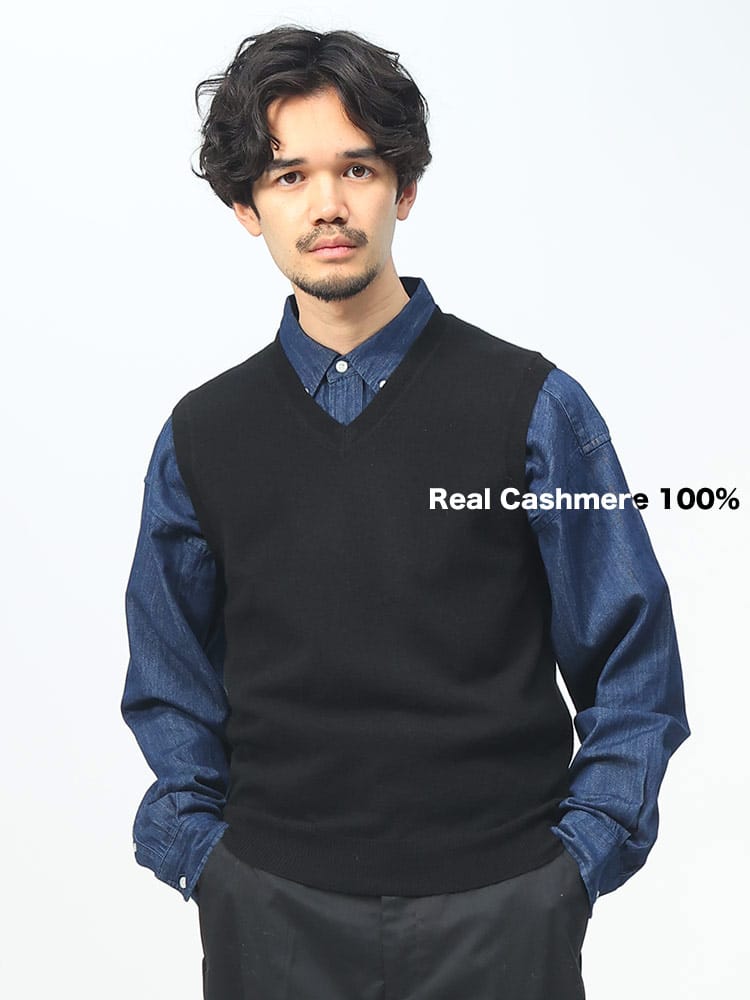 DESHENG (デシェン) カシミヤ100％ 12G 無地 Vネック ベスト