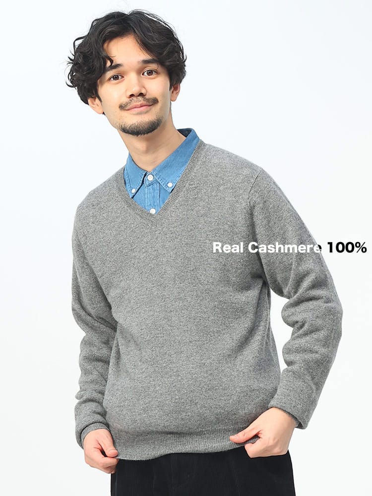 DESHENG (デシェン) カシミヤ100％ 12G 無地 Vネック セーター